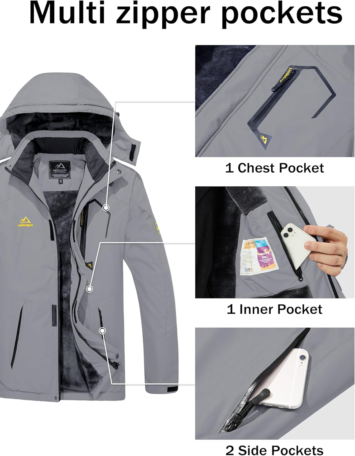 MAGCOMSEN Men's Winter Coats Water Resistant Ski Snow Jacket Warm Fleece Jacket Parka Raincoats With Multi-Pockets