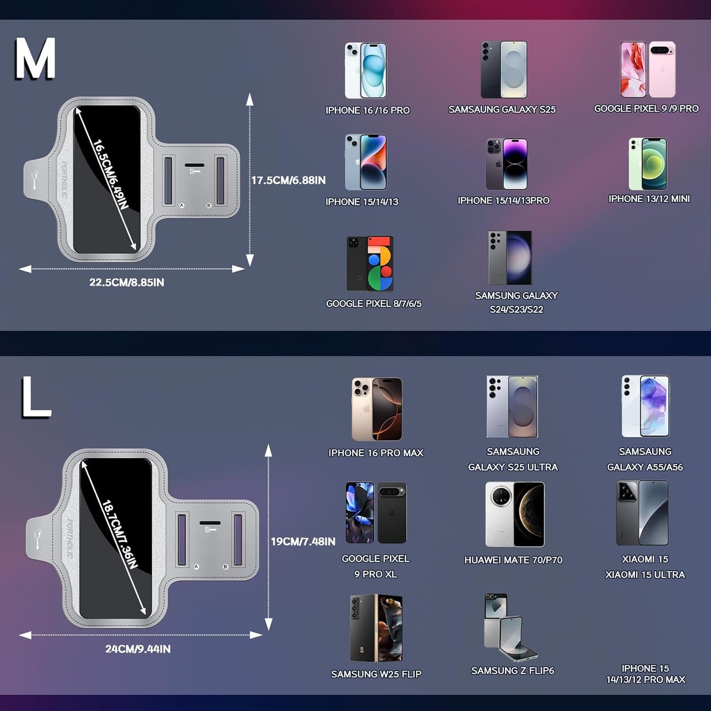 PORTHOLIC 2025 Running Armband Water Resistant Sports Phone Holder Case with Extension Strap, Key Card Slot Up to 6.9" Phone for iPhone 17/16/15/14/13 Plus Air Pro Max XR/XS, Galaxy S25/24/S10