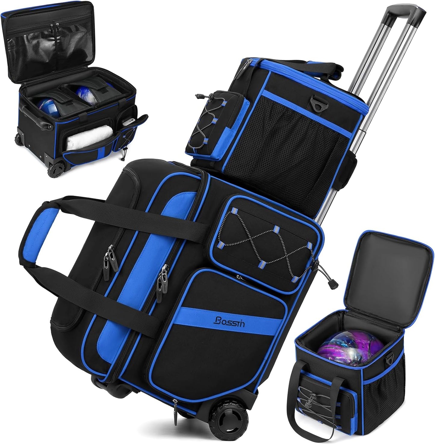 3 Ball Bowling Bag with Wheels, 2 Ball Bowling Bags Double roller with 1 Ball Add On Bag, Multi-Pockets & Shoe Compartment (Fits Up to Size 15)