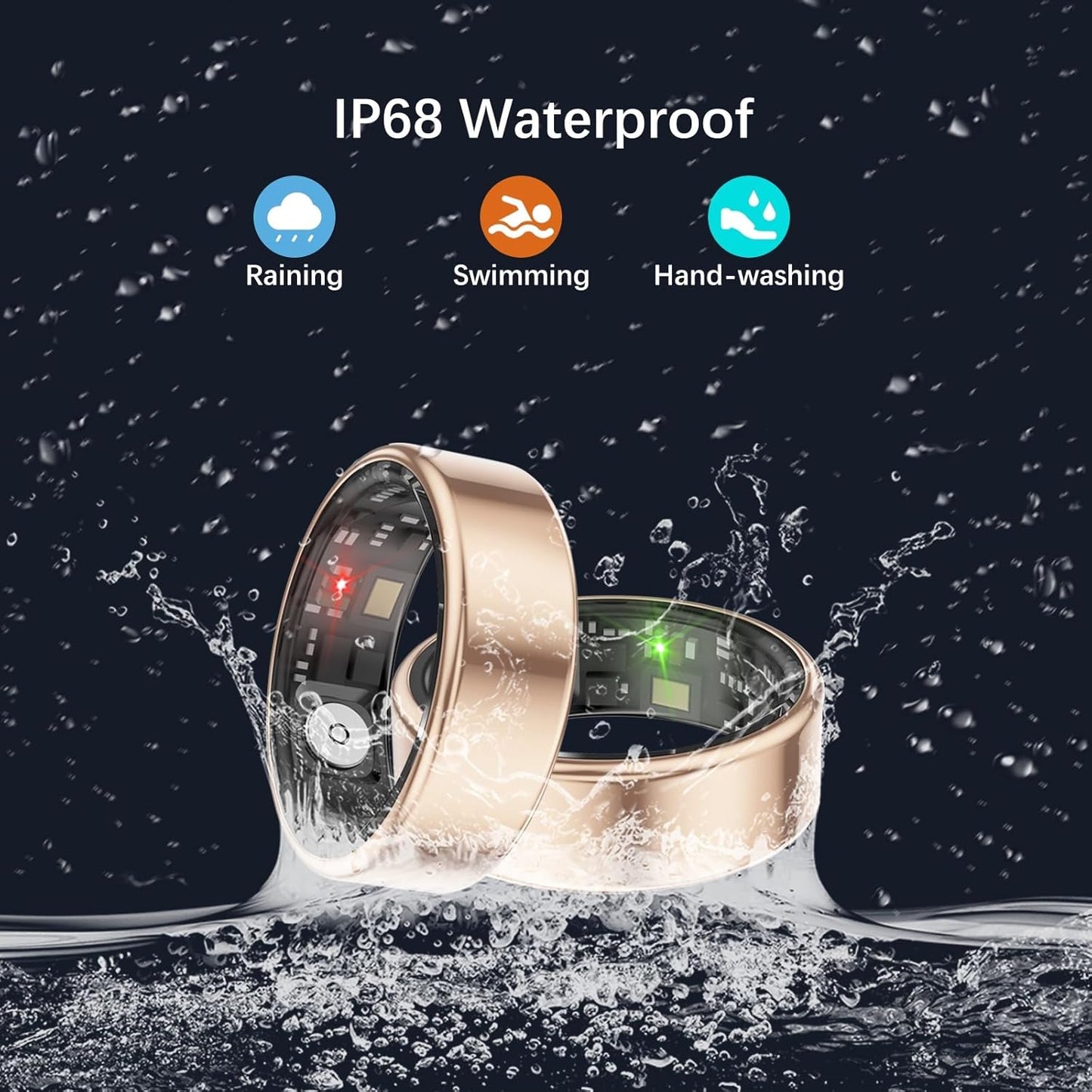 Smart Health Rings for Women Men, Fitness Tracker with Heart Rate, Blood Oxygen, HRV, Sleep Tracker, Step Tracker, No Subscription Fee, IP68 Waterproof Smart Ring for iphone & Android (Gold, 14#)