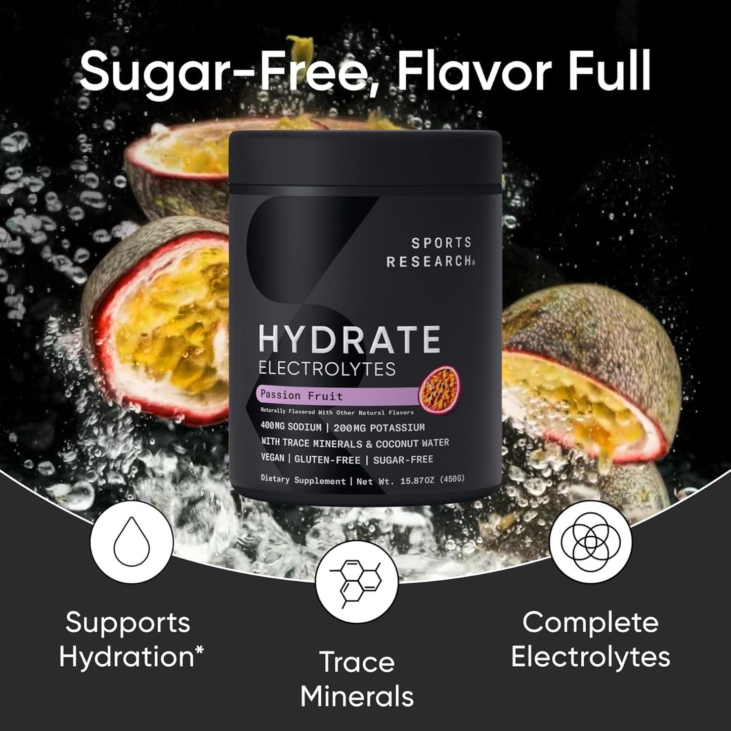 Sports Research® Hydrate Electrolytes Powder - Sugar-Free & Naturally Flavored with Vitamins, Minerals, and Coconut Water - Supports Hydration - Passion Fruit - 90 Servings