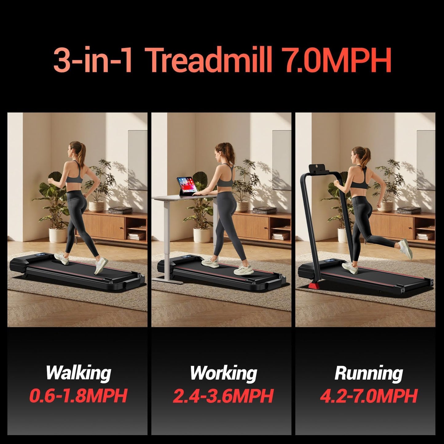 17% Incline Walking Pad Treadmills for Home and Office, 3-in-1 Folding Treadmill, Portable Under Desk Treadmill with 2.5 HP Quiet Brushless, 300 LBS Capacity