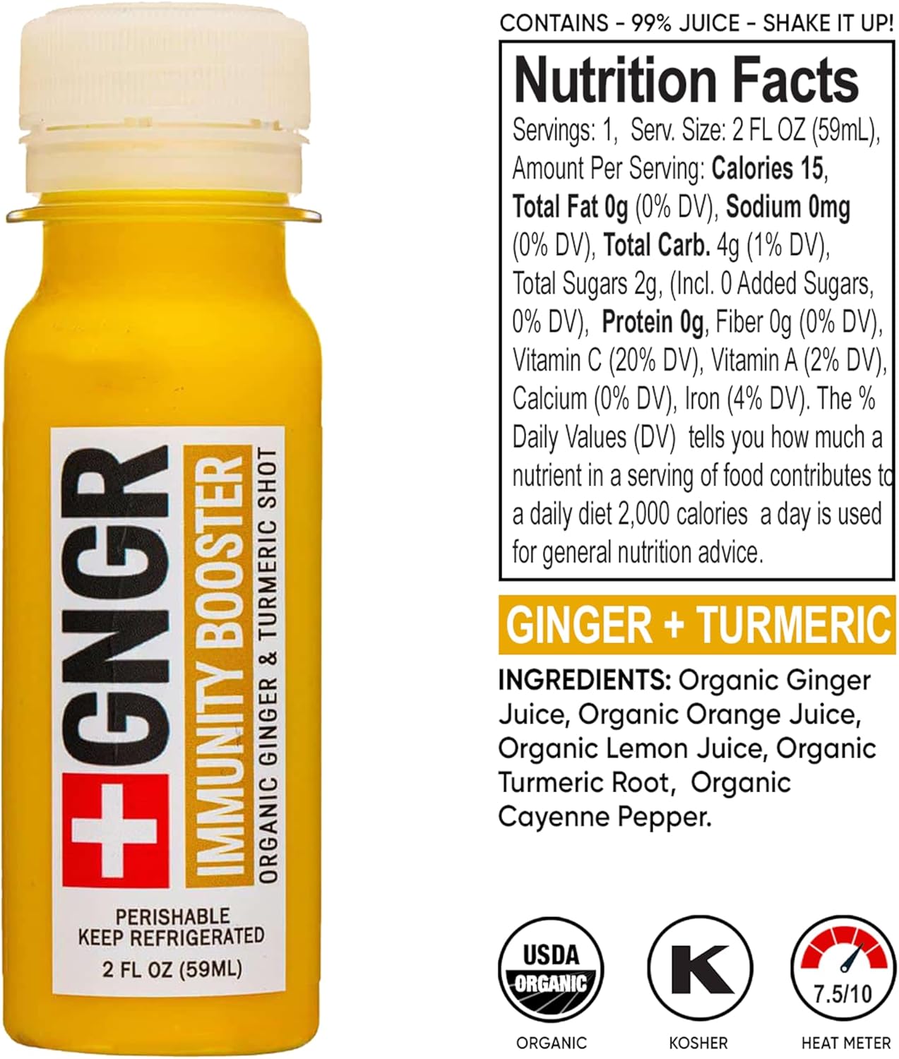 +GNGR Immunity Booster Organic Ginger and Turmeric Shot - Cold Pressed Ginger Shots with Turmeric, Cayenne Pepper, Orange, Lemon for All Natural Immune & Digestive Support (2 Oz, Pack of 12)