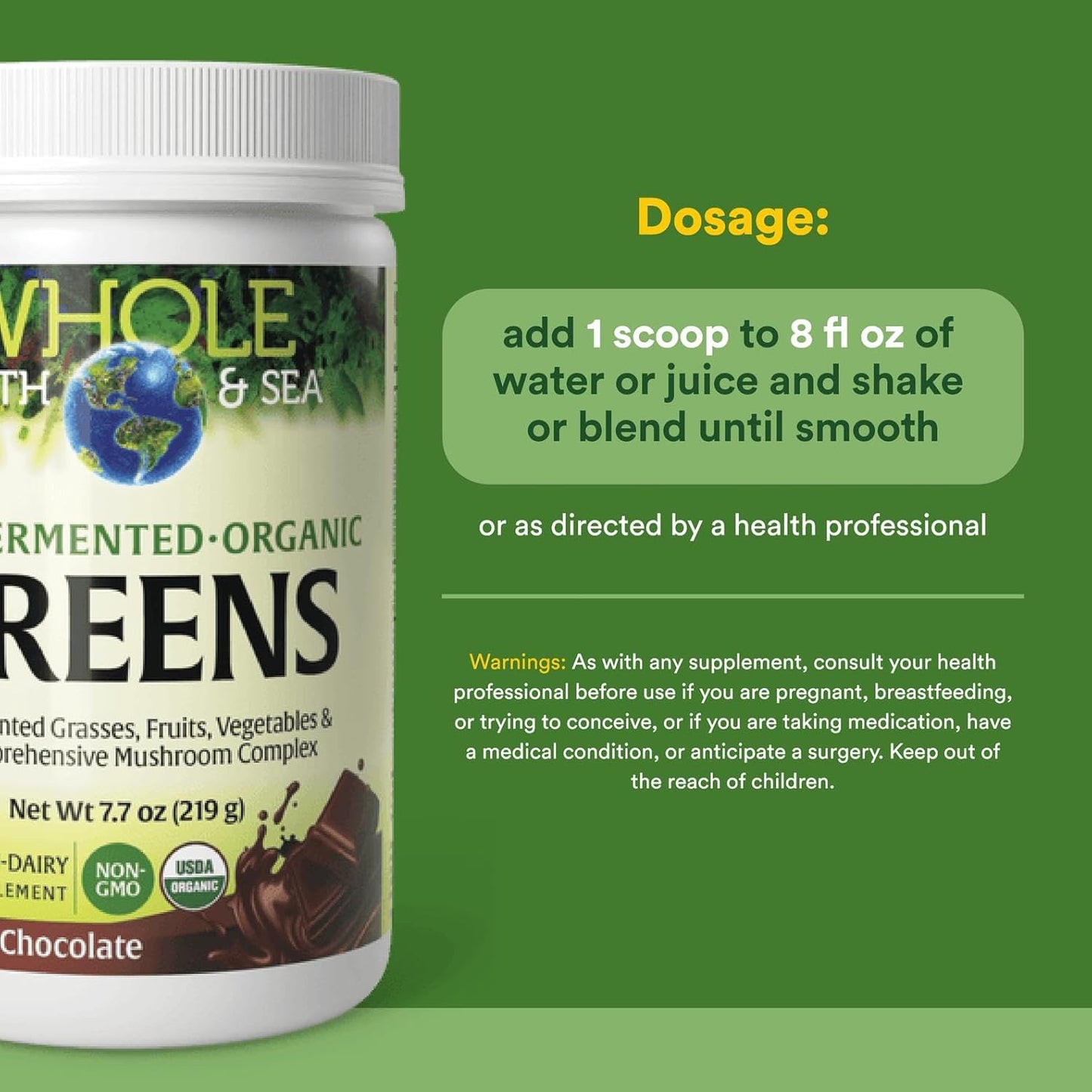Natural Factors Whole Earth & Sea, Organic Fermented Greens, Vegan Whole Food Supplement, Chocolate, 7.7 Oz