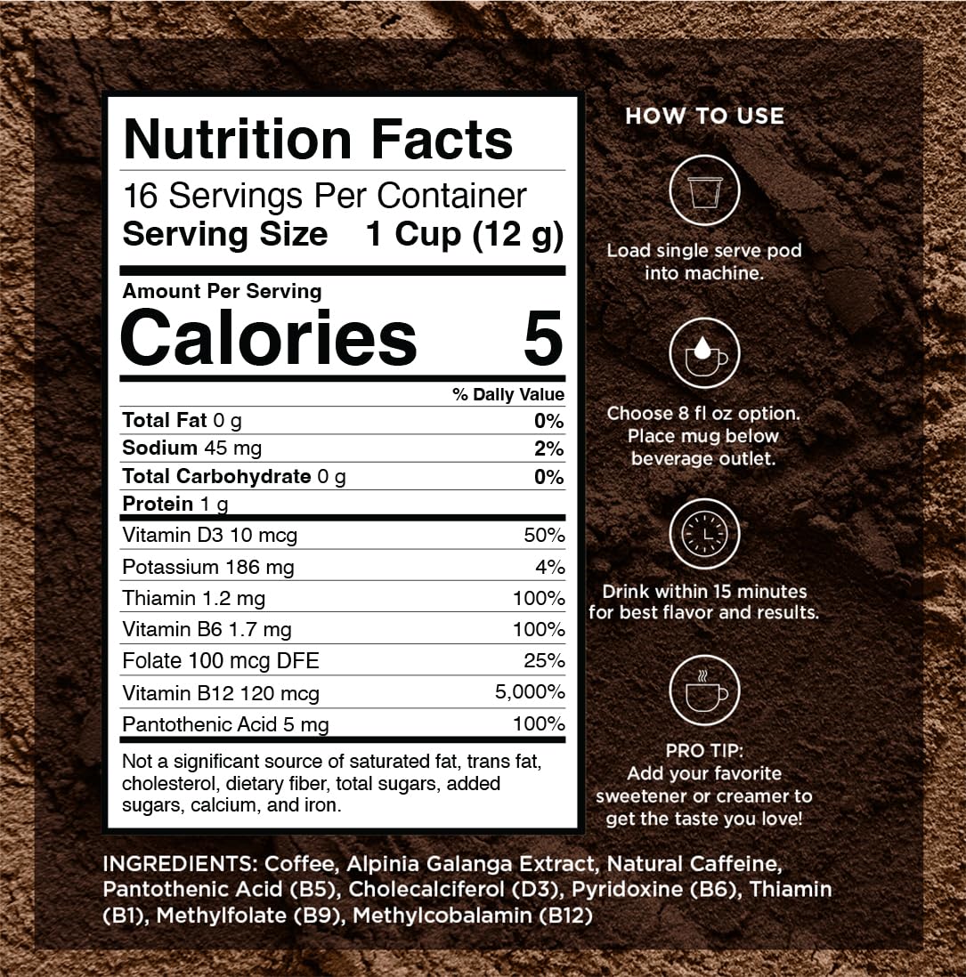 VitaCup Lightning Coffee Pods, for Memory & Focus w/ 2X Caffeine, Green Coffee Bean, B Vitamins, D3, Strong Dark Roast, Recyclable Single Serve Pod Compatible with Keurig K-Cup Brewers, 16 Ct