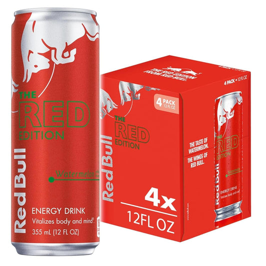 Red Bull Red Edition Energy Drink, Watermelon, with 114mg Caffeine plus Taurine & B Vitamins, 12 Fl Oz, Pack of 4 Cans