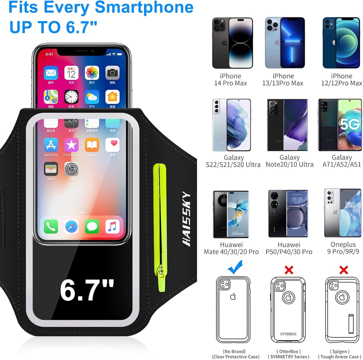 Phone Armband for Running Cell Phone Armband with Zipper Pocket for Earbuds Car Keys, Water Resistant Sport Arm Band for iPhone 16 15 12 11 Pro Galaxy S24 S20 Fit Up to 6.7'' with Phone Case