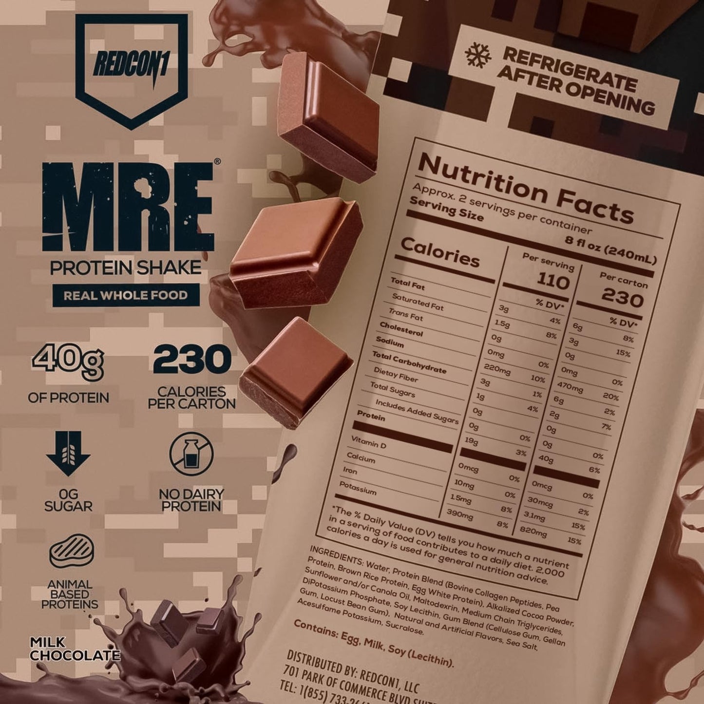 REDCON1 MRE Ready to Drink Protein Shake, Milk Chocolate - Lactose + Whey Free RTD 40gr Protein Made with Real Whole Food Protein Blends - Keto-Friendly and Easy to Digest Nutritional Shake (12 Pack)