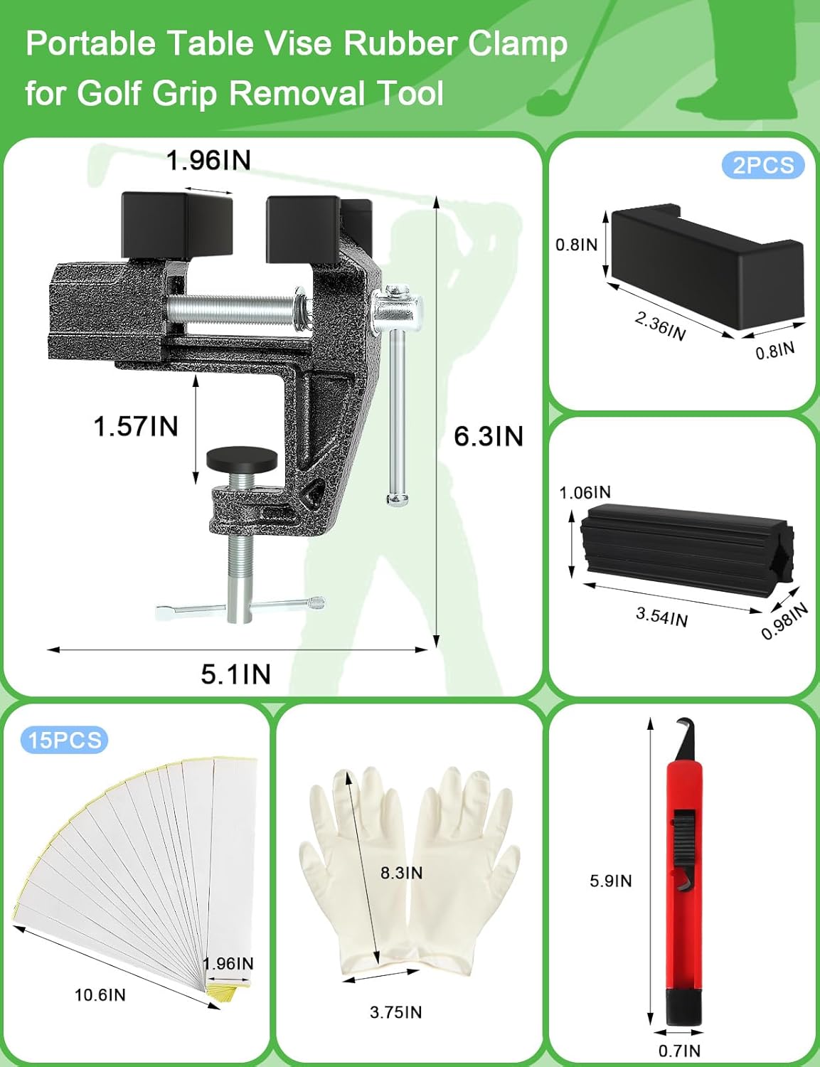 Portable Golf Grip Kit for Regripping Club, Golf Club Grip Kit for Home Travel with Anti-Slip Vise Clamp, Retractable Hook Knife, 15pcs Double-Sided Grip Tapes, A Pair of Gloves (Solvent Not Included)