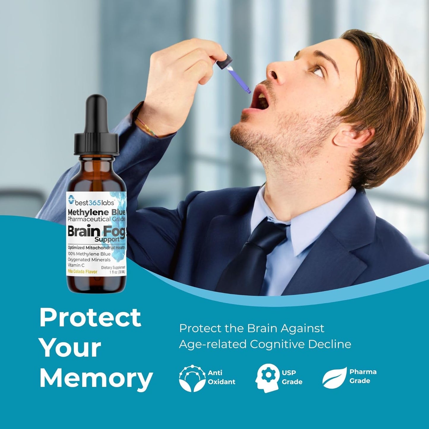Methylene Blue Pharmaceutical Grade, USP Grade, Third-Party Tested with Vitamin C - Memory Booster - Improves Cognitive Function and Focus - Clear Thoughts and Reduced Fog - Liquid Supplement