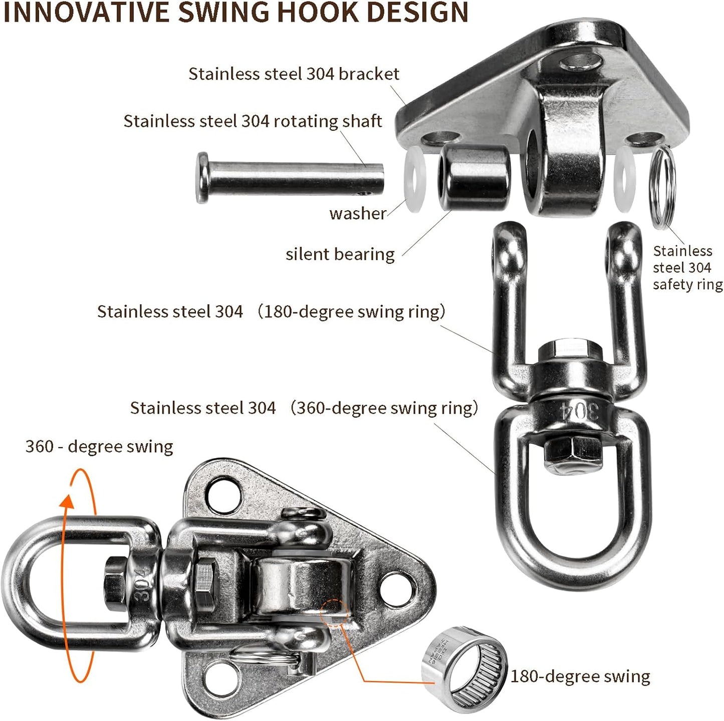 Stainless Steel Swing Hanger Heavy Duty 180°+360° Swivel Swing Hook Swing Hardware Kit for Yoga Swing Hammock Chair Porch Swing Sets Heavy Punching Bag 1500 LB Capacity