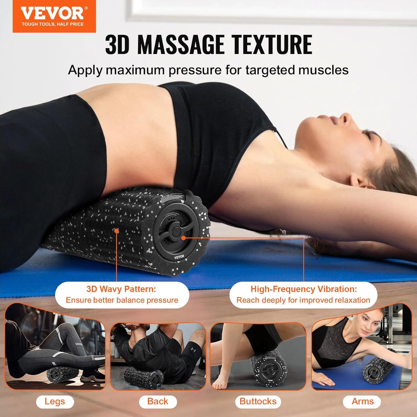 VEVOR Vibrating Foam Roller, 4-Speed Electric Massage Roller, 16" Rechargeable Muscle Roller with 3D Texture, High Density EEP Foam Massager for Muscle Deep Tissue, Back Pain Relief, Exercise Recovery