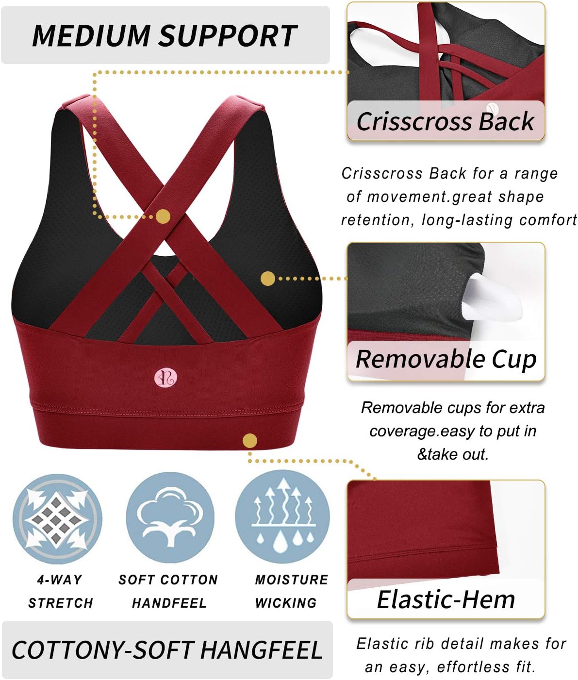 RUNNING GIRL Sports Bra for Women, Criss-Cross Back Padded Strappy Sports Bras Medium Support Yoga Bra with Removable Cups