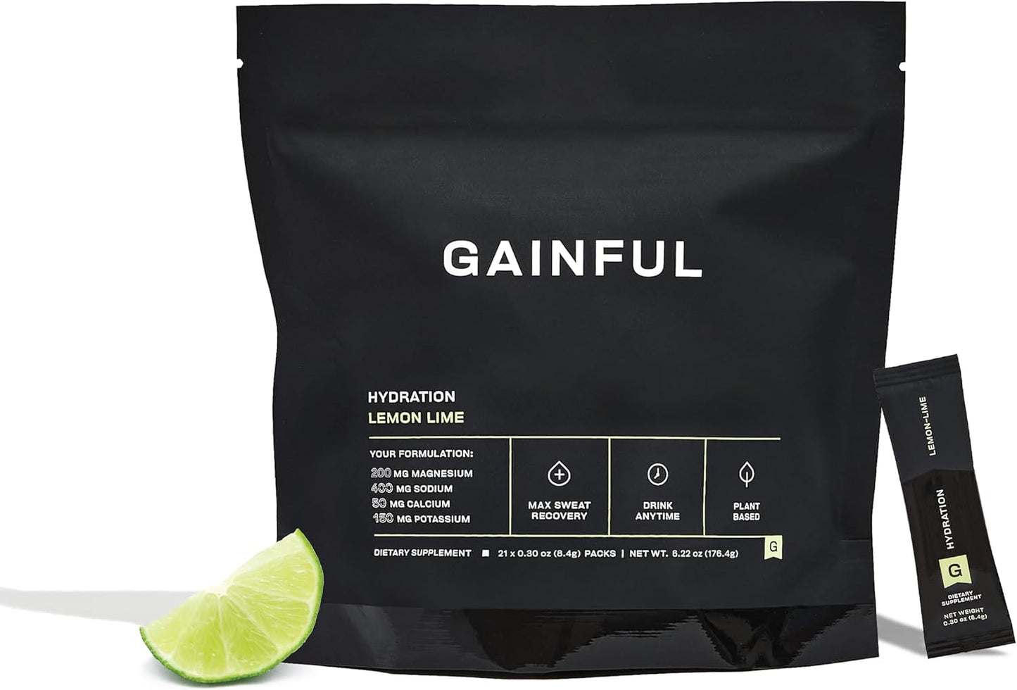 Gainful Hydration Powder Packets, Caffeine Free with Key Electrolytes Magnesium and Sodium, Energy Support, Low Sugar, Lemon Lime, 21 Sticks