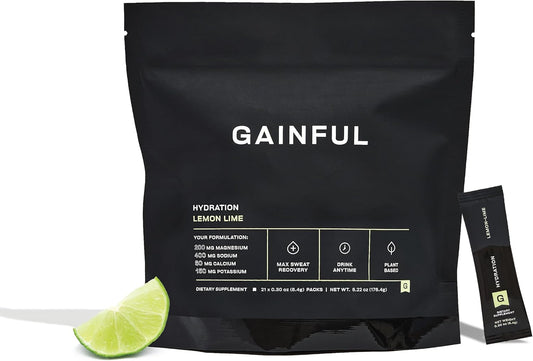 Gainful Hydration Powder Packets, Caffeine Free with Key Electrolytes Magnesium and Sodium, Energy Support, Low Sugar, Lemon Lime, 21 Sticks