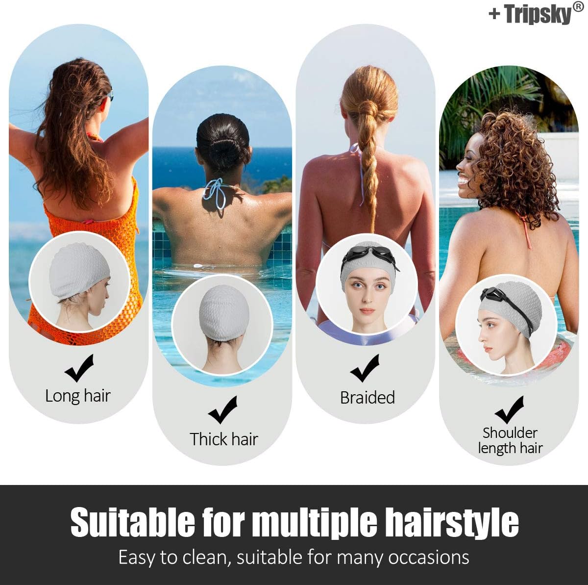 Tripsky Silicone Swim Cap,Comfortable Bathing Cap Ideal for Curly Short Medium Long Hair, Swimming Cap for Women and Men, Shower Caps Keep Hairstyle Unchanged…