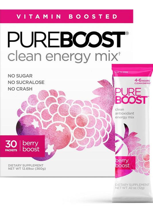 Pureboost Clean Energy Booster, Refreshing Energy Drink Mix with B12 Vitamins, Electrolytes, Antioxidants, Sugar-Free with No Sucralose (Berry Boost, 30 Count)