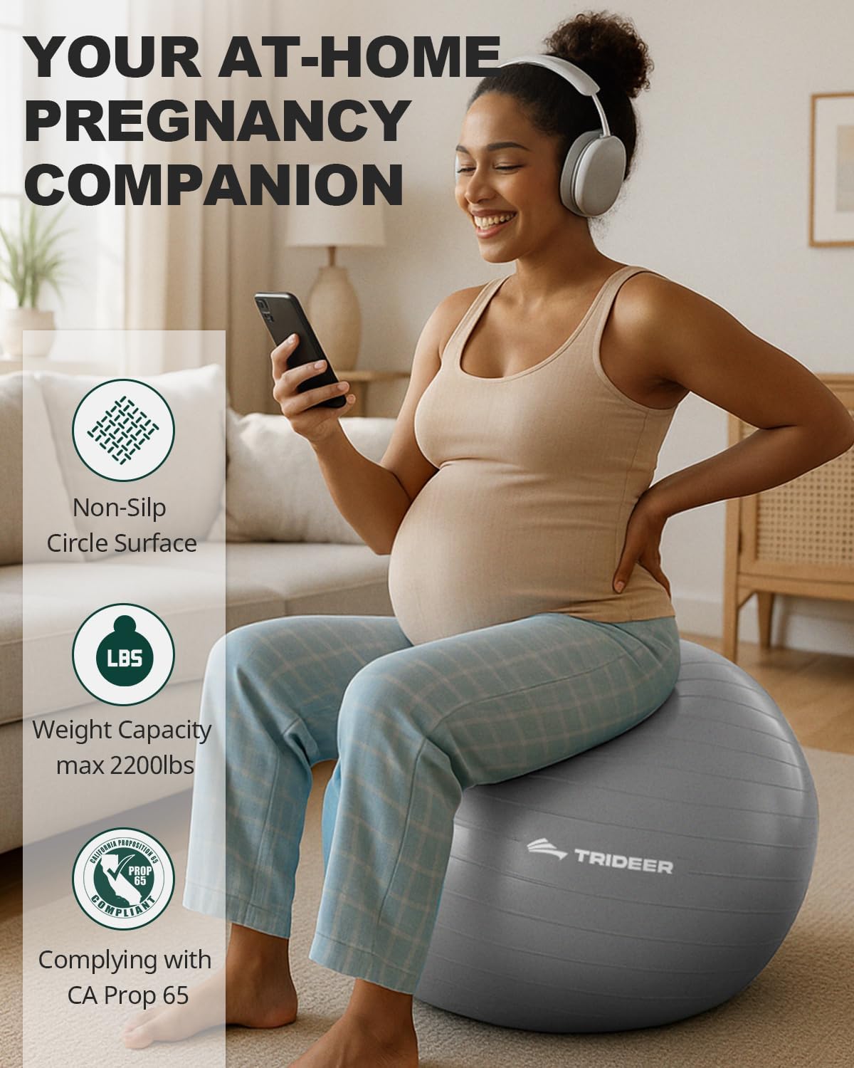 Trideer Yoga Ball – Anti-Burst Exercise Ball for Pregnancy, Office, Birthing, Stretching & Core Workout – Home Gym & Therapy