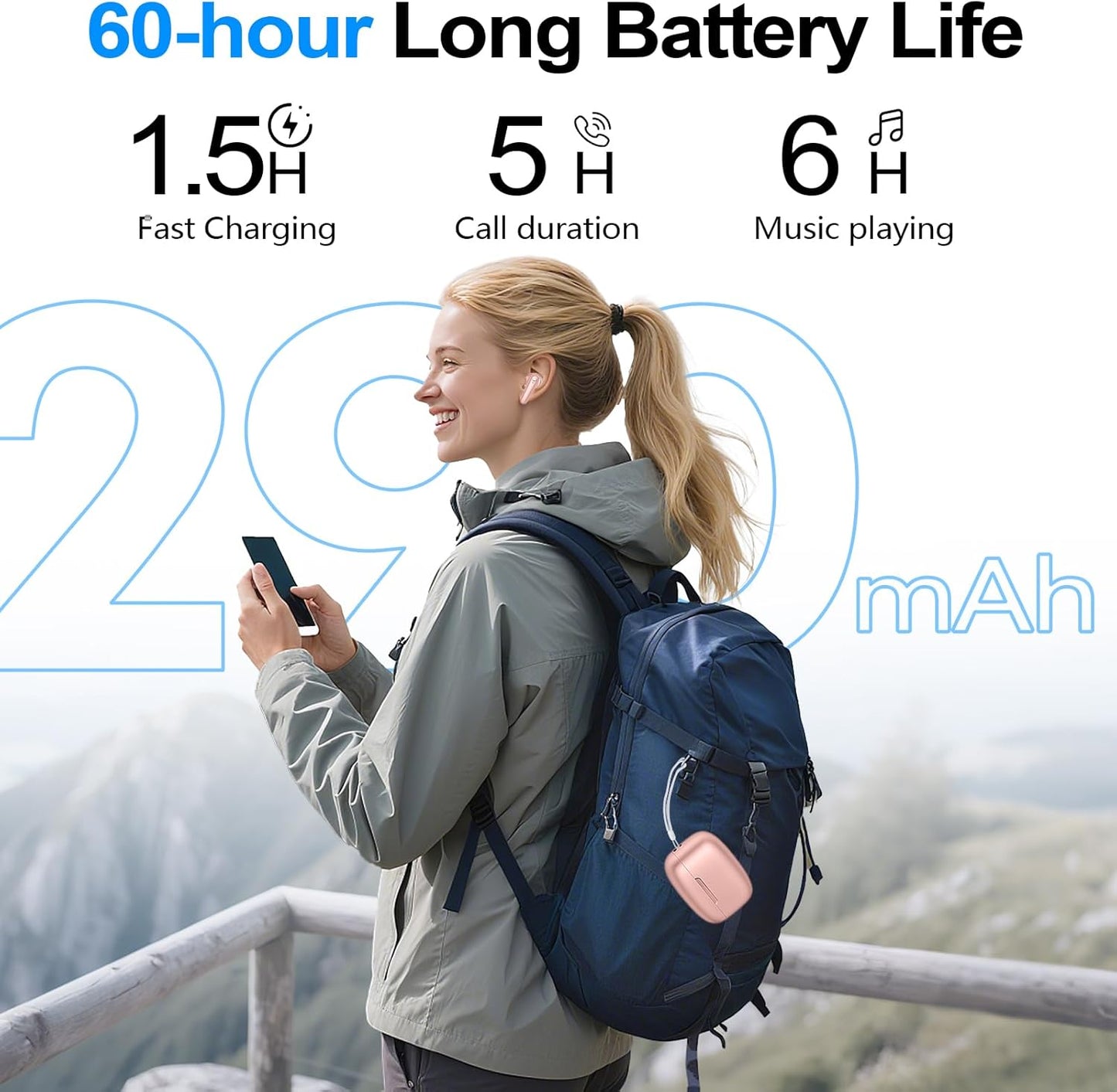 kurdene Wireless Earbuds Bluetooth 5.4 Headphones 60H Playtime Deep Bass Stereo Ear Buds with Mic Comfort Lightweight in Ear Earphones for Workout/Running Pink