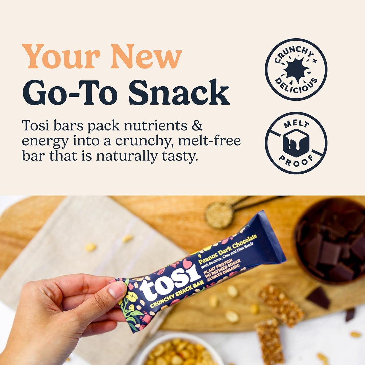 Tosi Peanut Dark Chocolate Protein Bars (8G) - Plant Based Healthy Snacks, Gluten-Free Crunchy Snacks, Vegan & Organic, Flax & Chia Seeds, Soy-Free, Omega 3s, 1 oz, 12-Pack