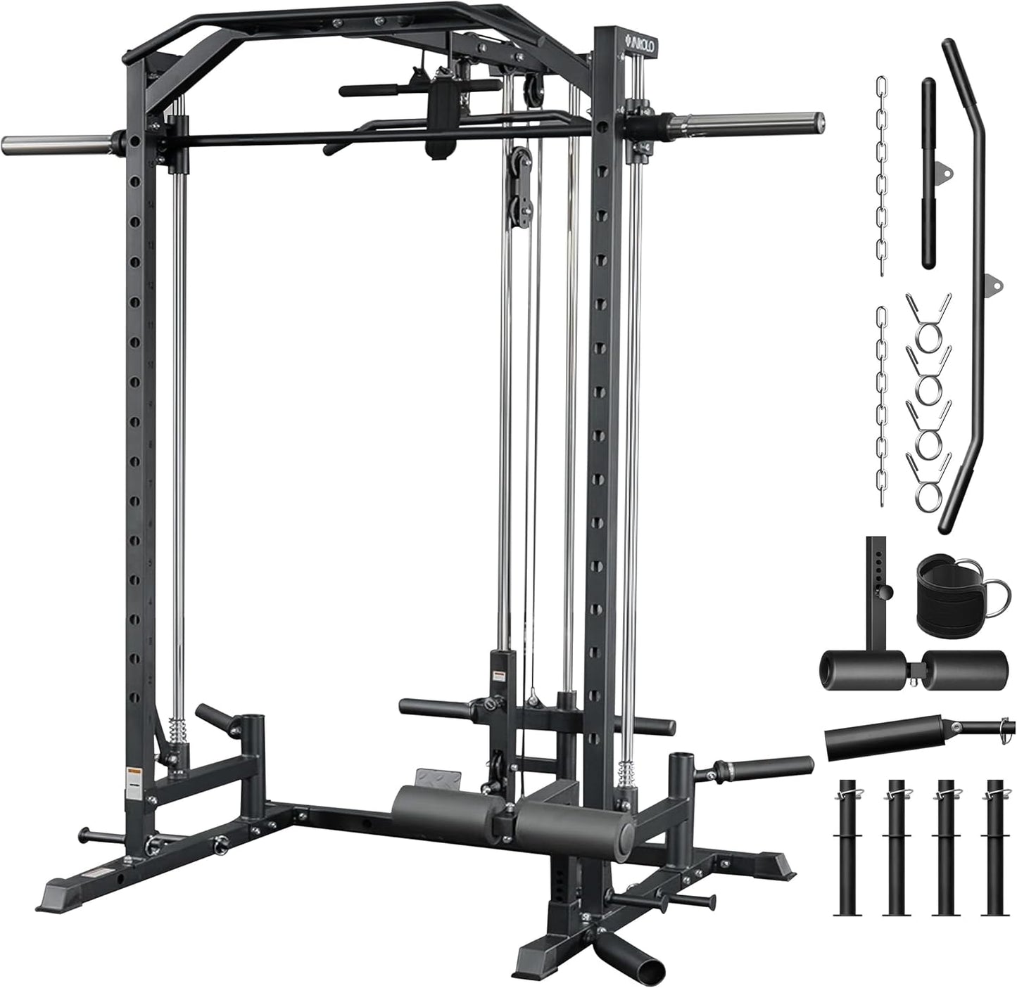 Mikolo Smith Machine Home Gym Power Cage (1:1 Ratio Strength Trainer) (Space Saving Design) (with 8 Free Attachments) Squat Rack for Full Body Training