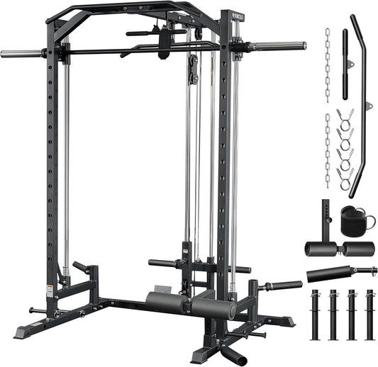Mikolo Smith Machine Home Gym Power Cage (1:1 Ratio Strength Trainer) (Space Saving Design) (with 8 Free Attachments) Squat Rack for Full Body Training