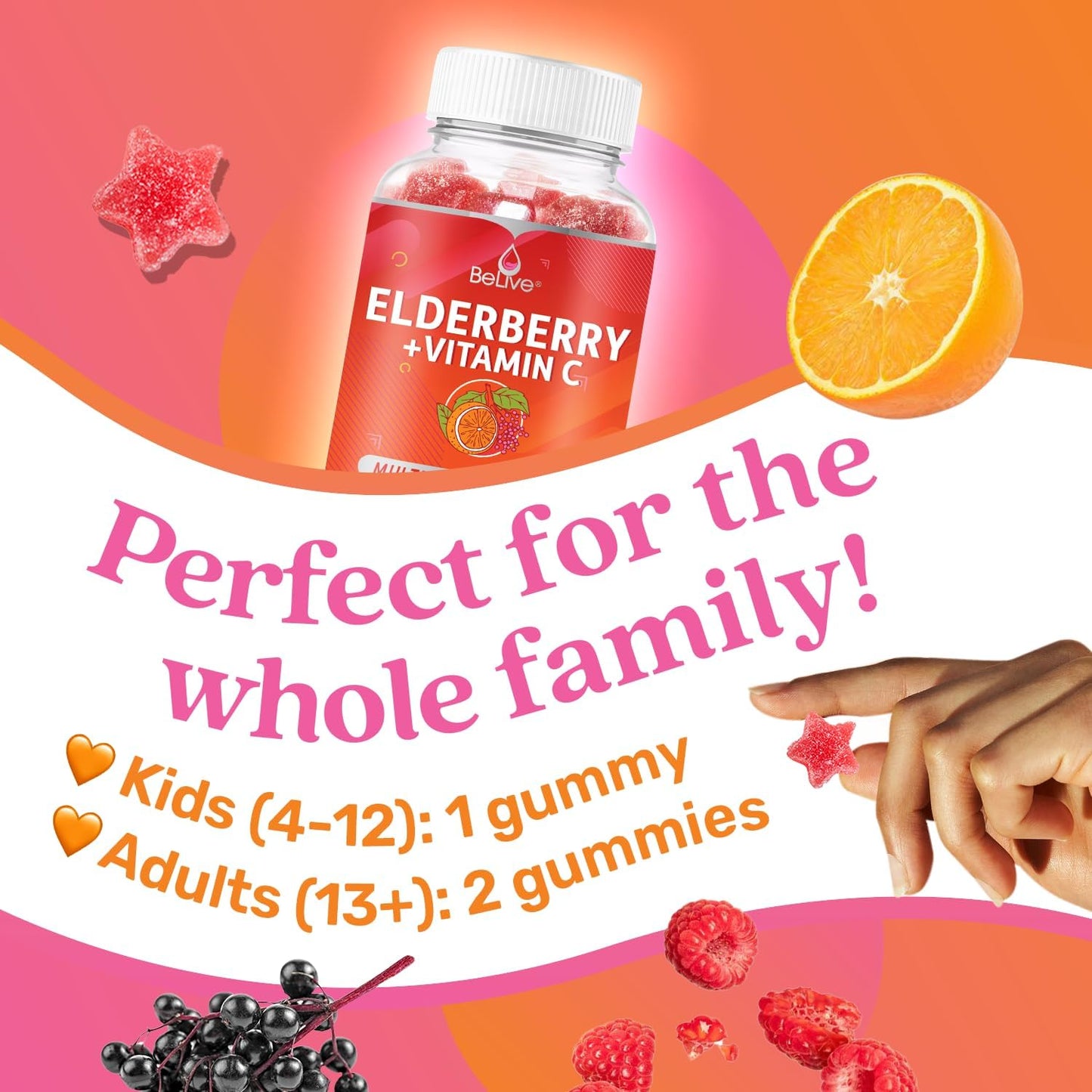 BeLive Elderberry Gummies with Zinc and Vitamin C - Immune Support Supplement with Vitamin D, A, E, B12 - Gummies for Healthy Bones & Teeth, Vegan, Keto & Non-GMO - Raspberry Flavor | 2-Pack