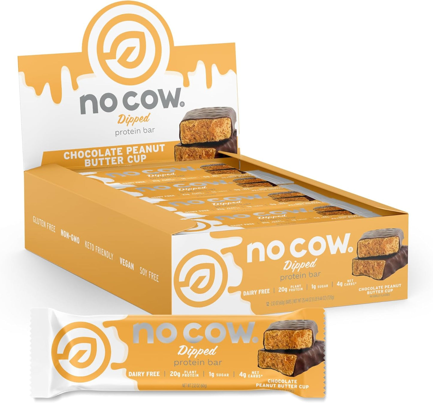 No Cow High Protein Bars, Chocolate Peanut Butter Cup - Healthy Snacks, 20g Vegan Protein, High Fiber, Low Sugar, Keto Friendly, Dairy & Gluten Free (12 Count)