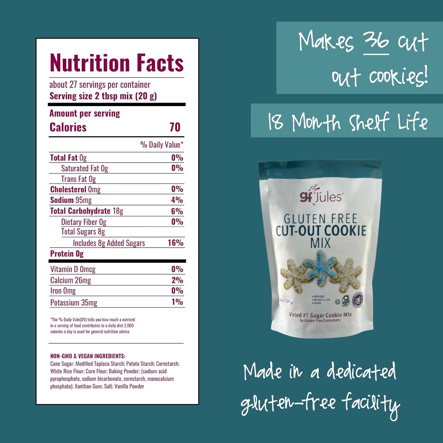 gfJules Certified Gluten Free Cut Out Cookie Baking Mix | Tollhouse Style | Bars or Cookies | No Grit, Non-GMO, Vegan | Certified Top 9 Allergen-Free & Kosher | Make 36 Sugar Cookies | 19 Ounces