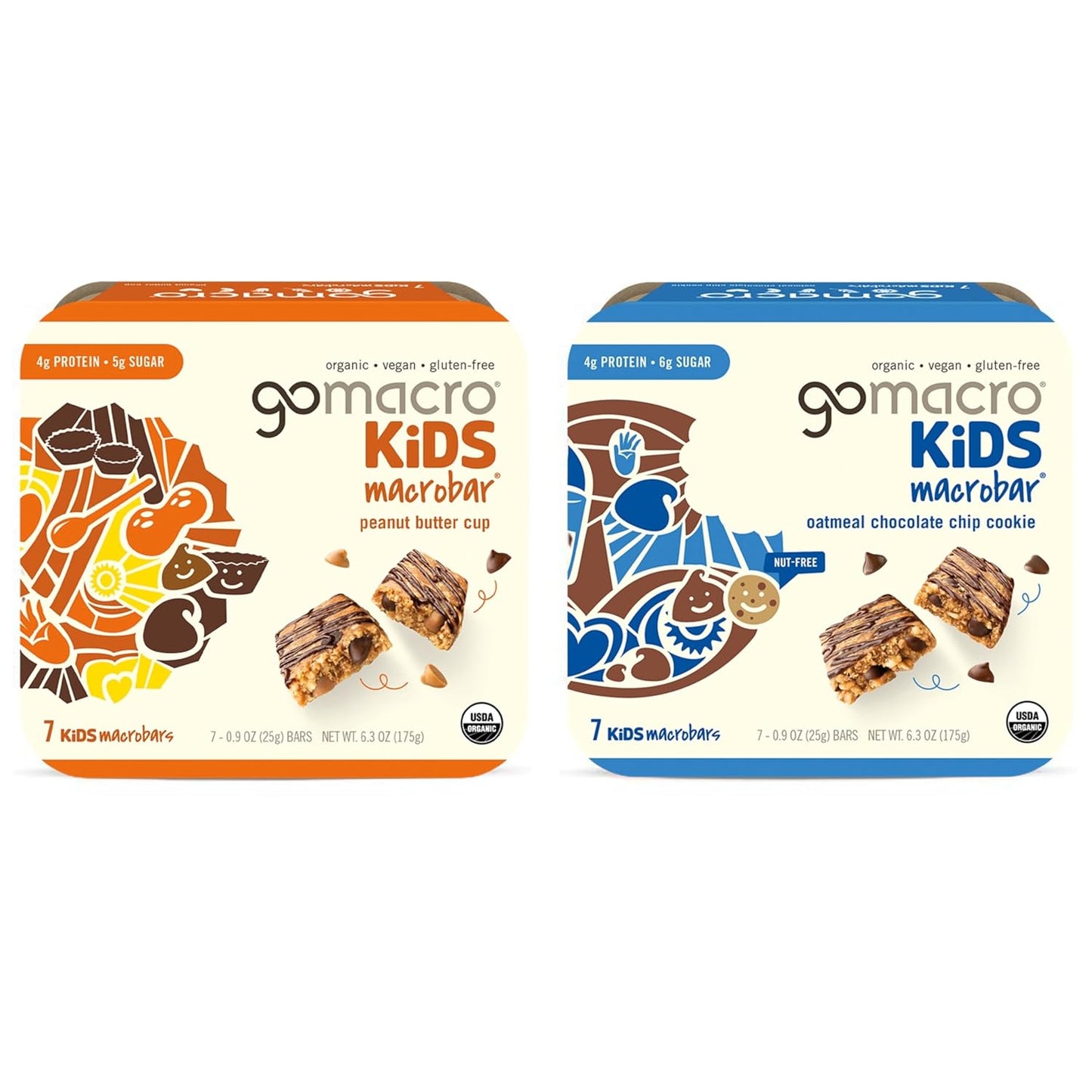 GoMacro Kids MacroBar Organic Vegan Snack Bars – Peanut Butter Cup & Oatmeal Chocolate Chip Cookie (0.90 Ounce Bars, 7 Count) (Pack of 2)