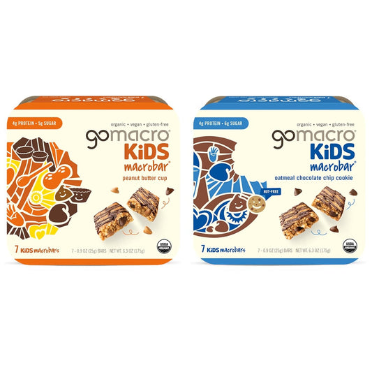 GoMacro Kids MacroBar Organic Vegan Snack Bars – Peanut Butter Cup & Oatmeal Chocolate Chip Cookie (0.90 Ounce Bars, 7 Count) (Pack of 2)