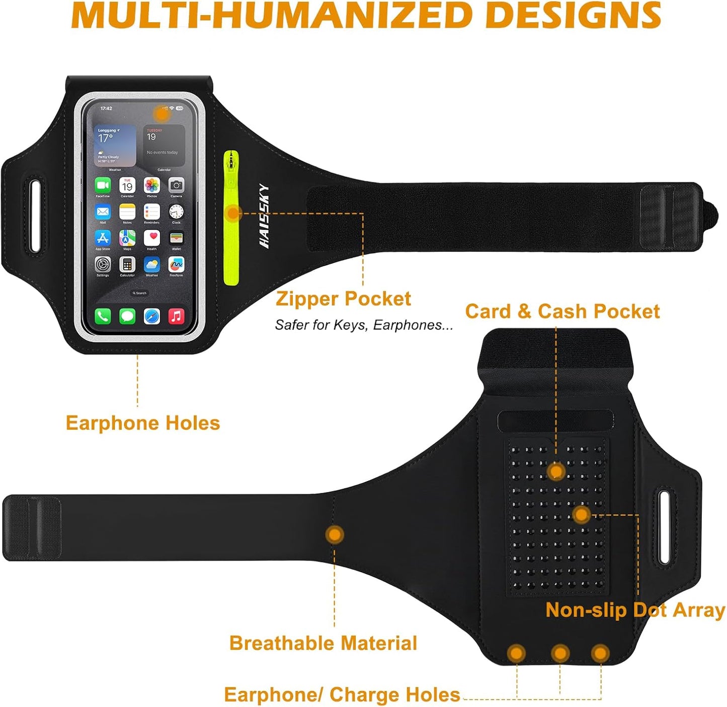 Running Armband with Earphone Bag Cell Phone Armband for iPhone 16 15 Pro 14 Plus 13 11 XR XS, Galaxy S24/S10 Water Resistant Sports Phone Holder Case & Zipper Slot Car Key Holder for 6.9 inch Phone