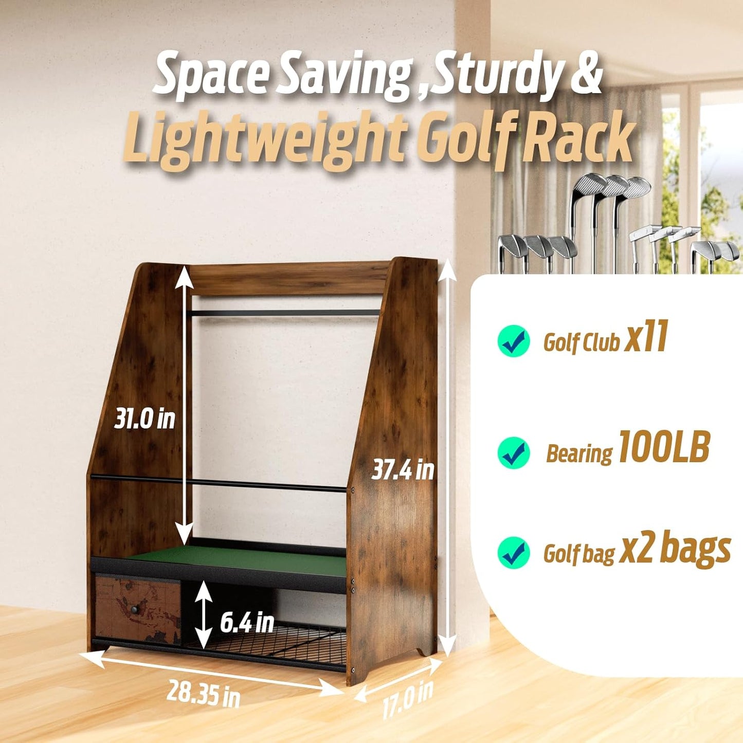 Golf Bag Organizer Storage for 2 Bags with Drawer – Easy Assemble Golf Club Stand Ideal for Garage, Clubs and Basement