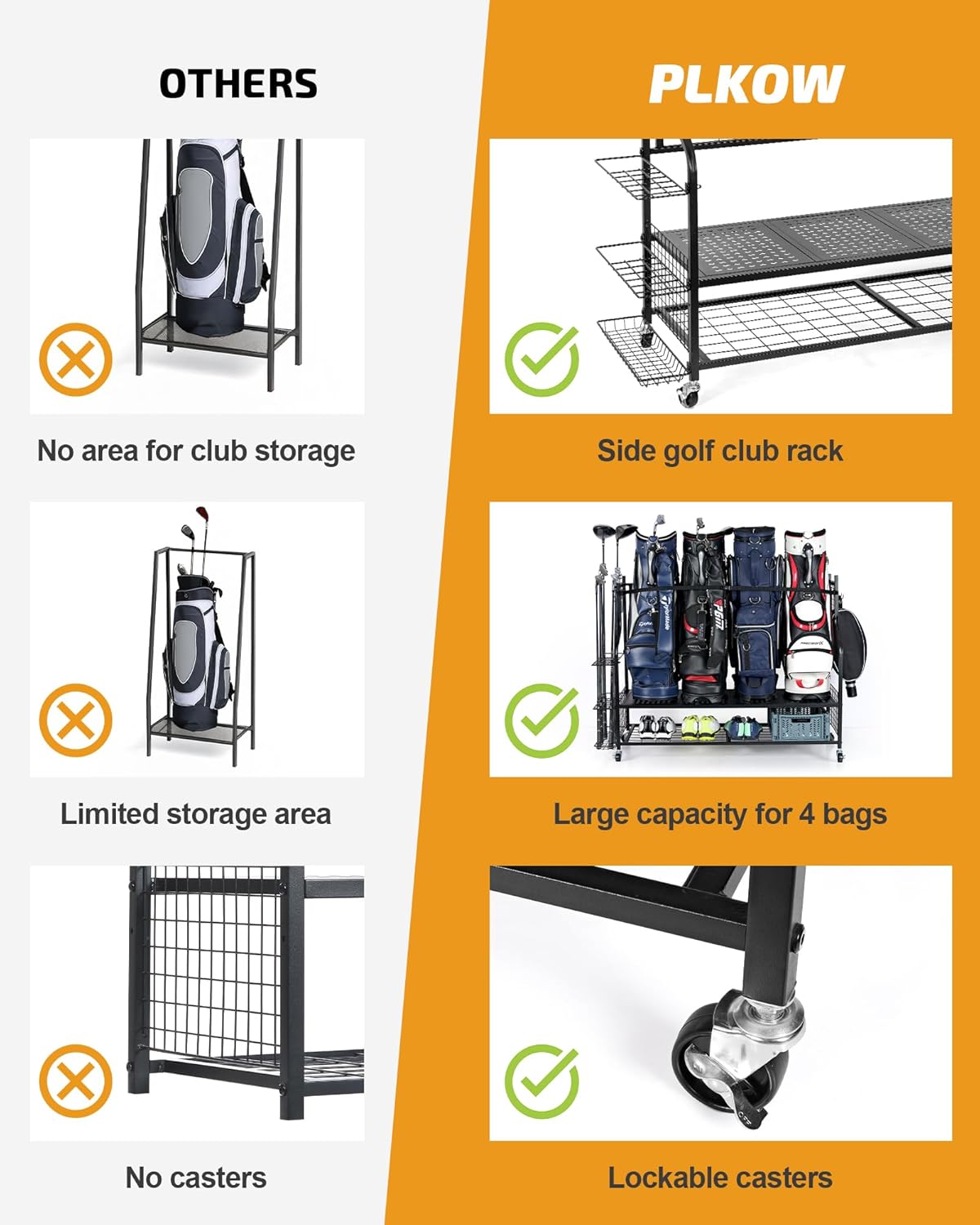 PLKOW 4 Golf Bag Organizer Garage Storage, Extra Large Golf Bag Storage Rack for Golf Bag, Golf Clubs and Golf Accessories, Golf Storage for Garage, Golf Clubs, Basement