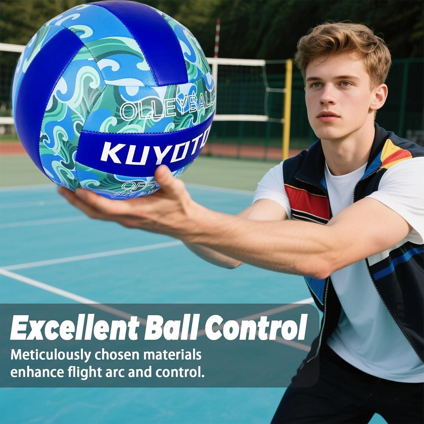 KUYOTQ Official Size 5 in&Outdoor Beach Volleyball,3MM Thickened Surface Soft Leather Youth Womens Mens Volleyball for Game Gym Training(Deflated) (Blue-Wave)