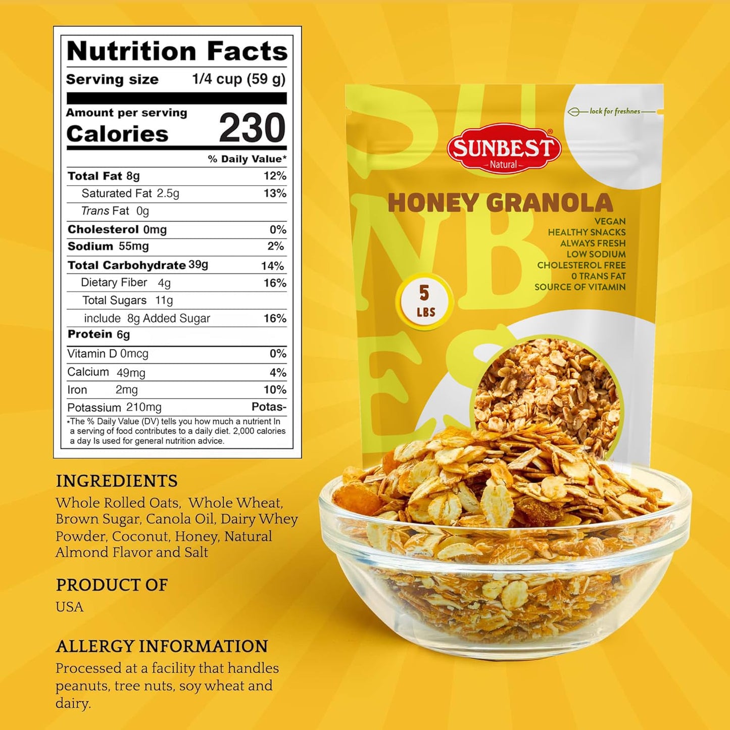 Sunbest Natural Honey Granola – 5 lb Bulk Bag (80 oz) – Whole Rolled Oats, Delicious & Crunchy – Kosher, Low Calorie, High Fiber, Non-GMO – Great for Snacks, Travel & Parties