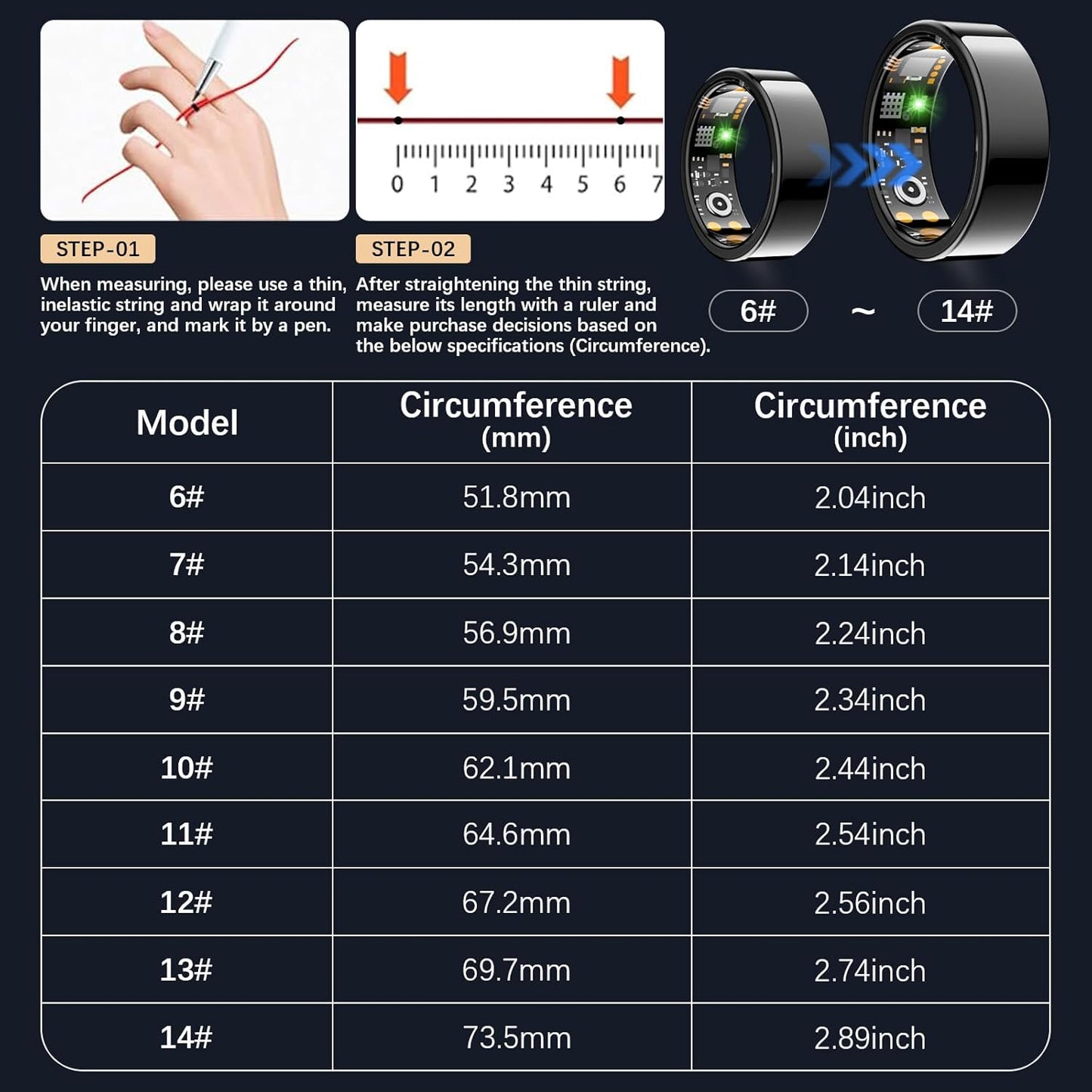 Ring Health Tracker for Women Men, Fit Ring with Heart Rate, Blood Oxygen, Sleep Monitor, Calories, Step Counter, IP68 Waterproof Smart Ring for iPhone & Android, No Subscription Fee (Black, 8#)