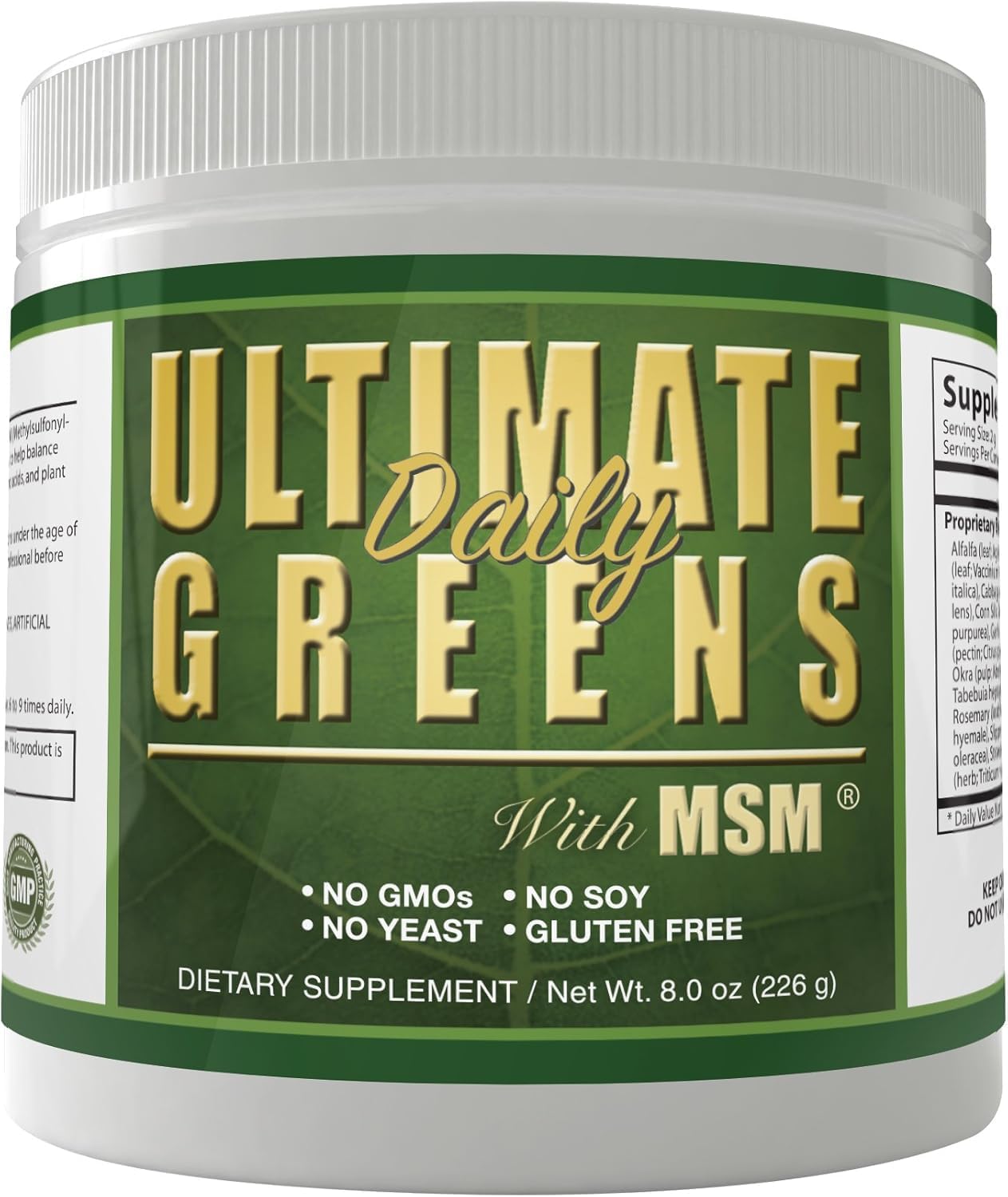 Ultimate Greens with MSM Powder, Vegan Friendly Natural Ingredients Gluten Soy Free NO GMO Superfood Vegetable Nutritional Drink Alkalizing Energy 8oz 6 Pack (6 Month Supply)