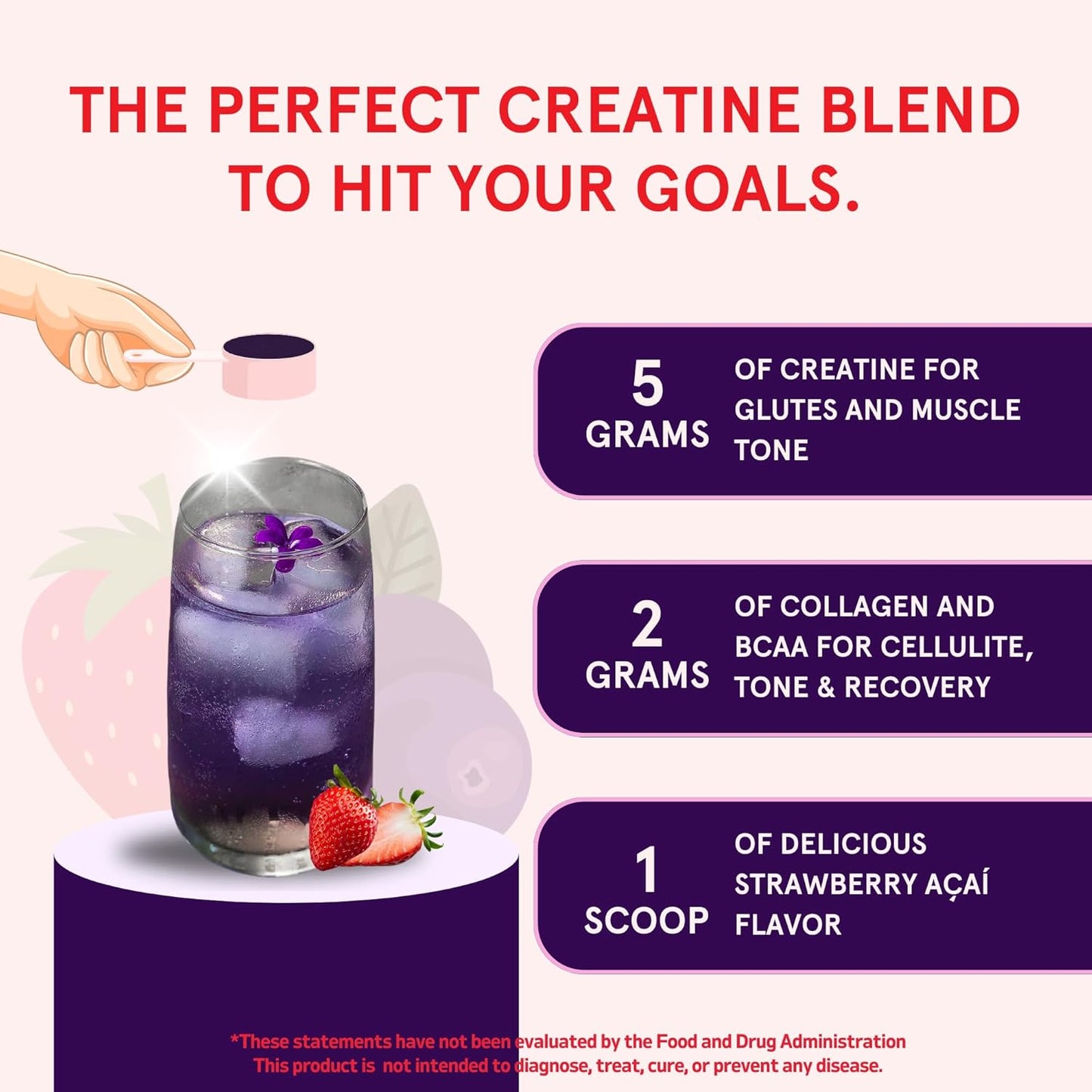 Creatine Monohydrate Powder, Glute Builder Creatine for Women with Collagen, BCAAs, 5g Vegan Micronized Creatine per Serving, for Energy, Muscle Support, 30 SVG, Strawberry Acai