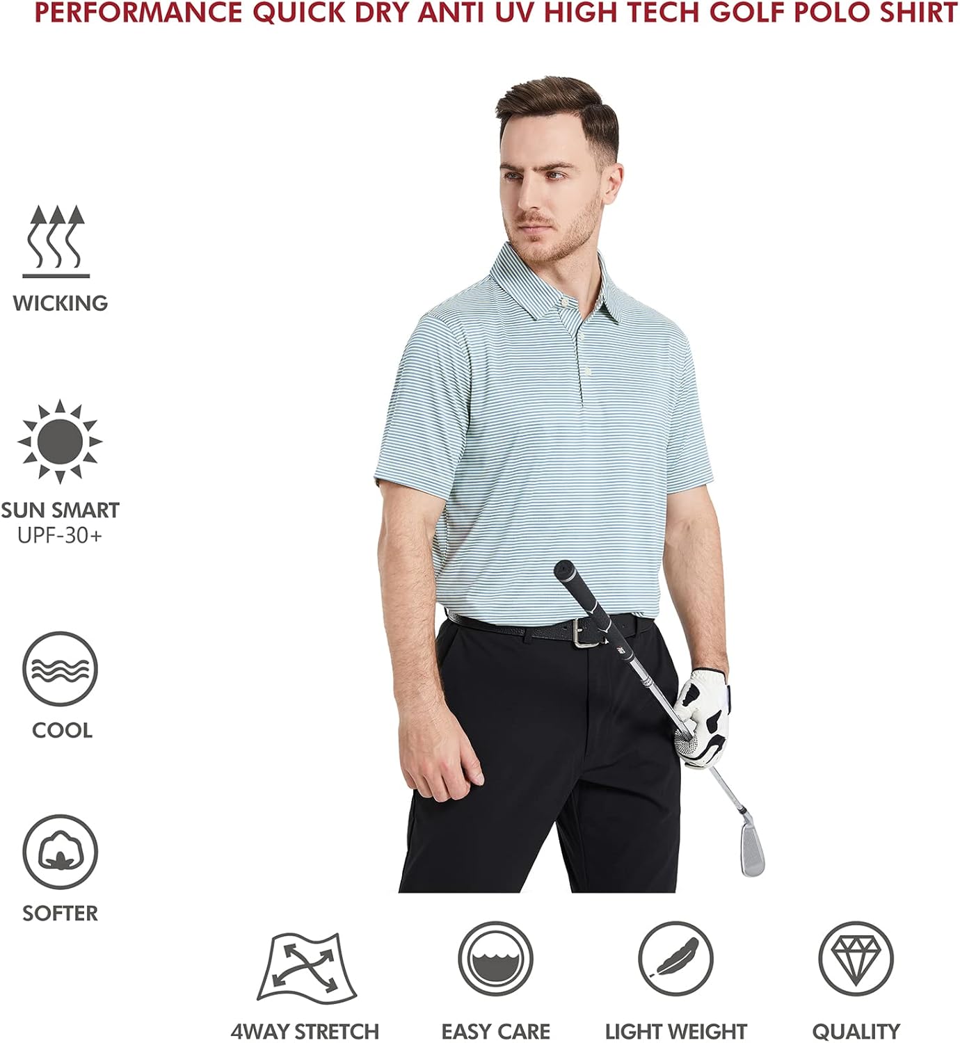Men's Golf Polo Shirts Short Sleeve Striped Performance Moisture Wicking Dry Fit Golf Shirts for Men