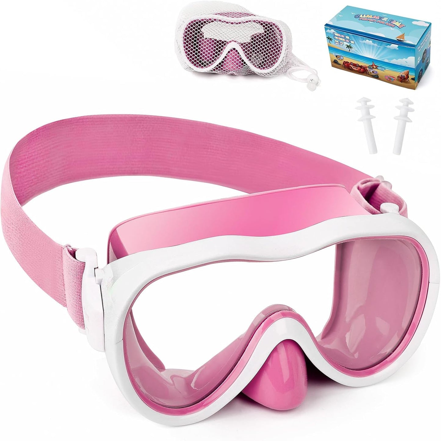 Kids Swim Goggles 180° Snorkel Diving Mask with Nose Cover, Anti-Fog Kids Swimming Goggles with Elastic Fabric Strap for Kids Boys Girls