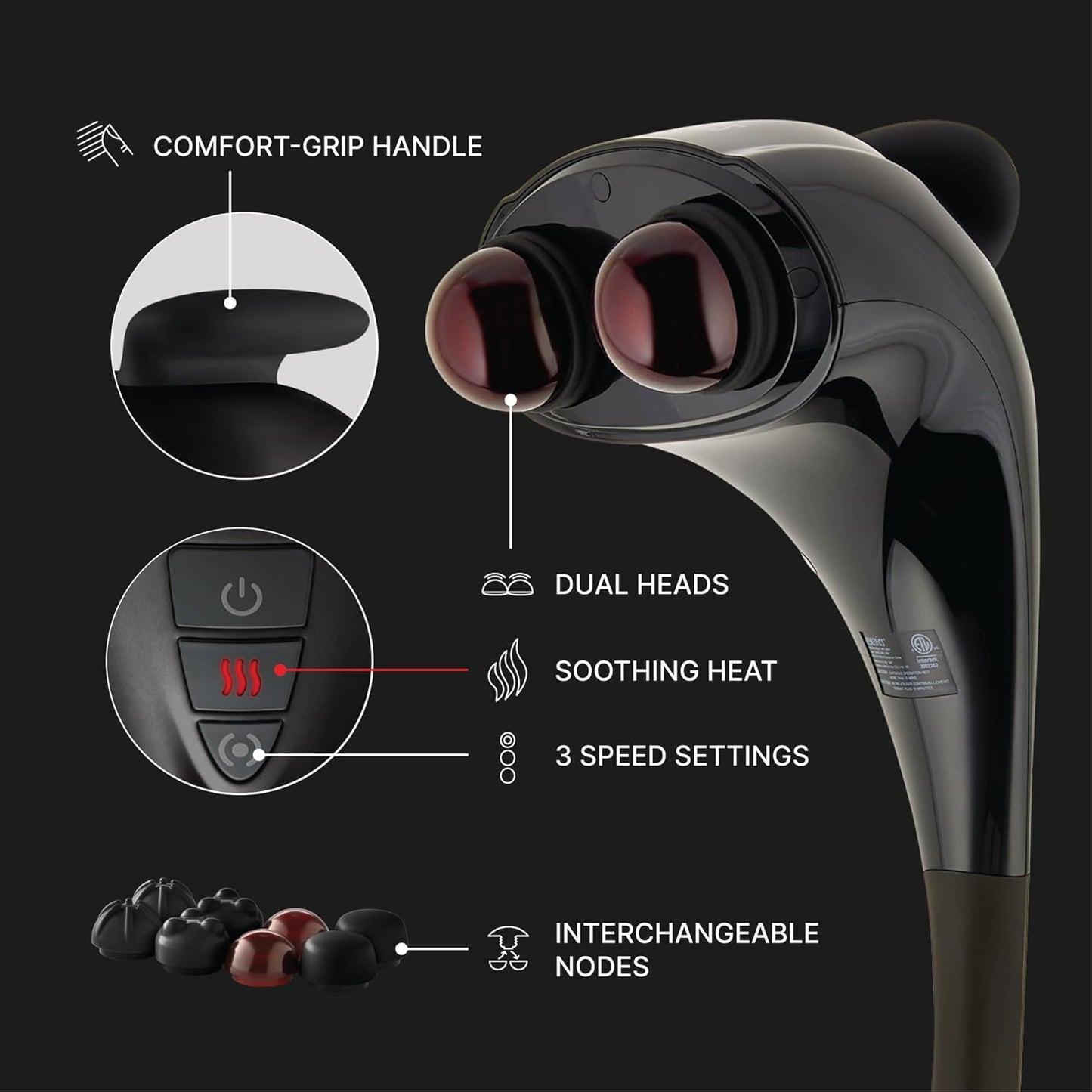 Homedics Handheld Back Massager, Dual Heated Nodes, Neck, and Body Percussion Massager with Interchangeable Nodes to Release Back, Neck, Shoulder Leg and Foot Tension