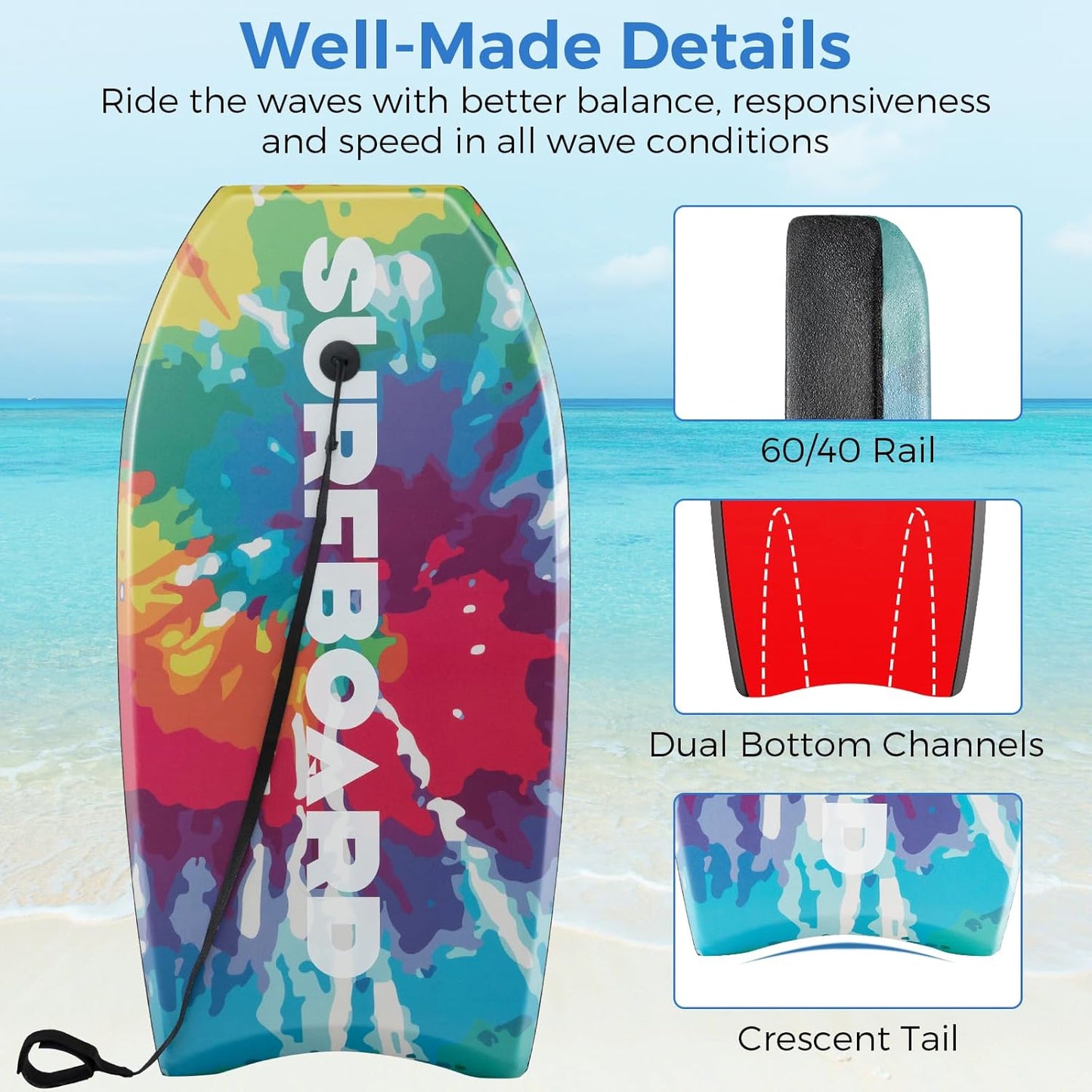 KOTEK 33/37/41 Inch Body Board with Wrist Leash, EPS Core, Dual Channel, HDPE Slick Bottom, Bodyboard for All Skill Levels & Wave Conditions