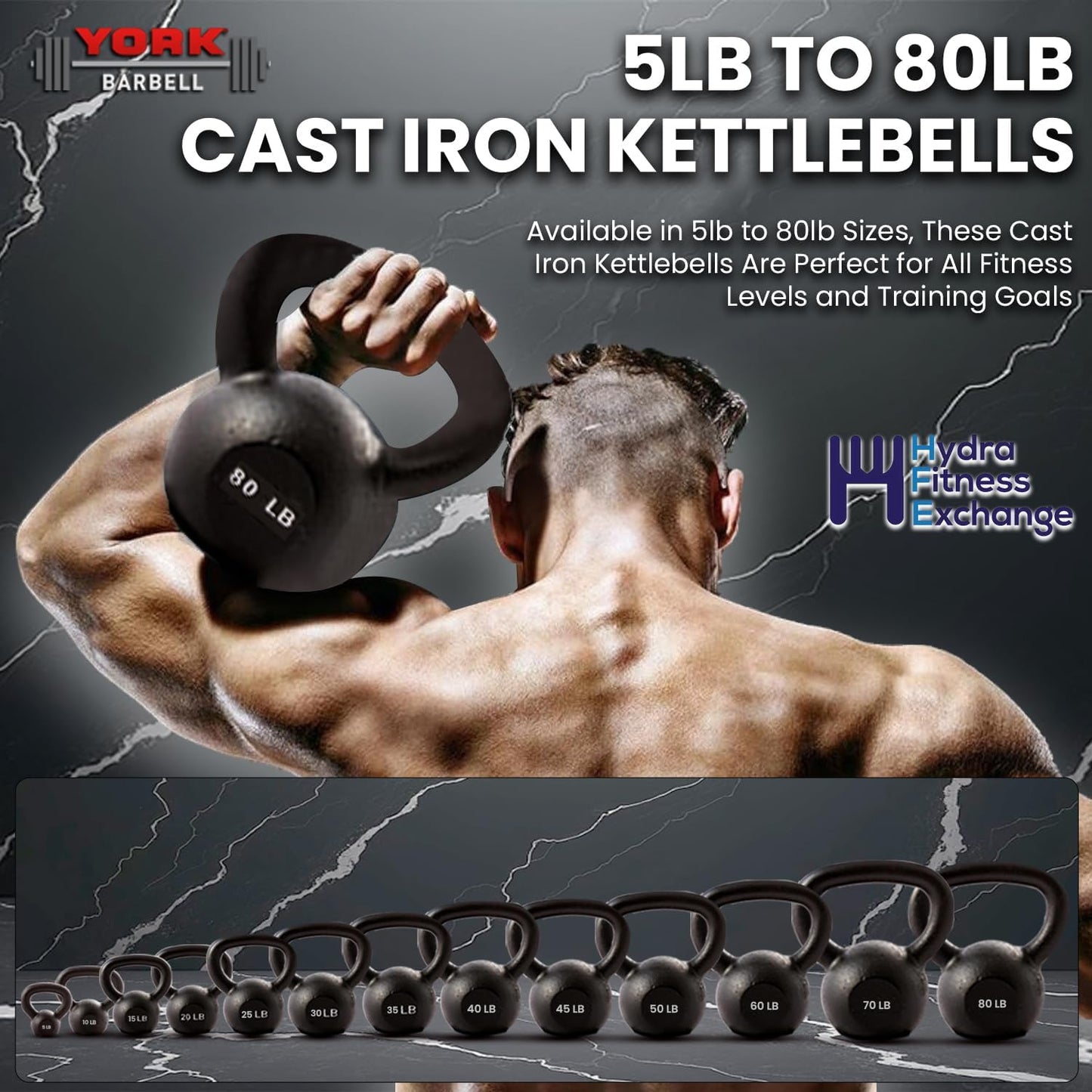 York Barbell Kettlebell Weights – 5lb to 80lb Cast Iron Kettlebells with Matte Black Finish – Full Body Strength Training & CrossFit Conditioning – Ideal for Russian Swings, Squats, Presses & More