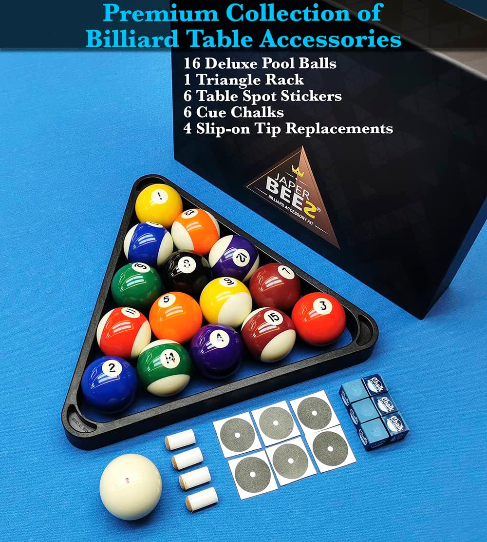 Billiard Pool Balls with Triangle Ball Rack, Cue Chalks, Table Spot Stickers & Tip Replacements - Pool Table Accessories