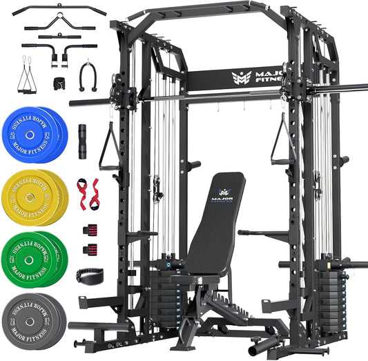 Major Fitness Drone2 Advanced Training Smith Machines– All-in-One Home Gym Squat Rack with Aluminum Pulley Set , Weight Bar, Dual LAT Pull-Down Systems & Cable Crossover Machine for Full-Body Workouts