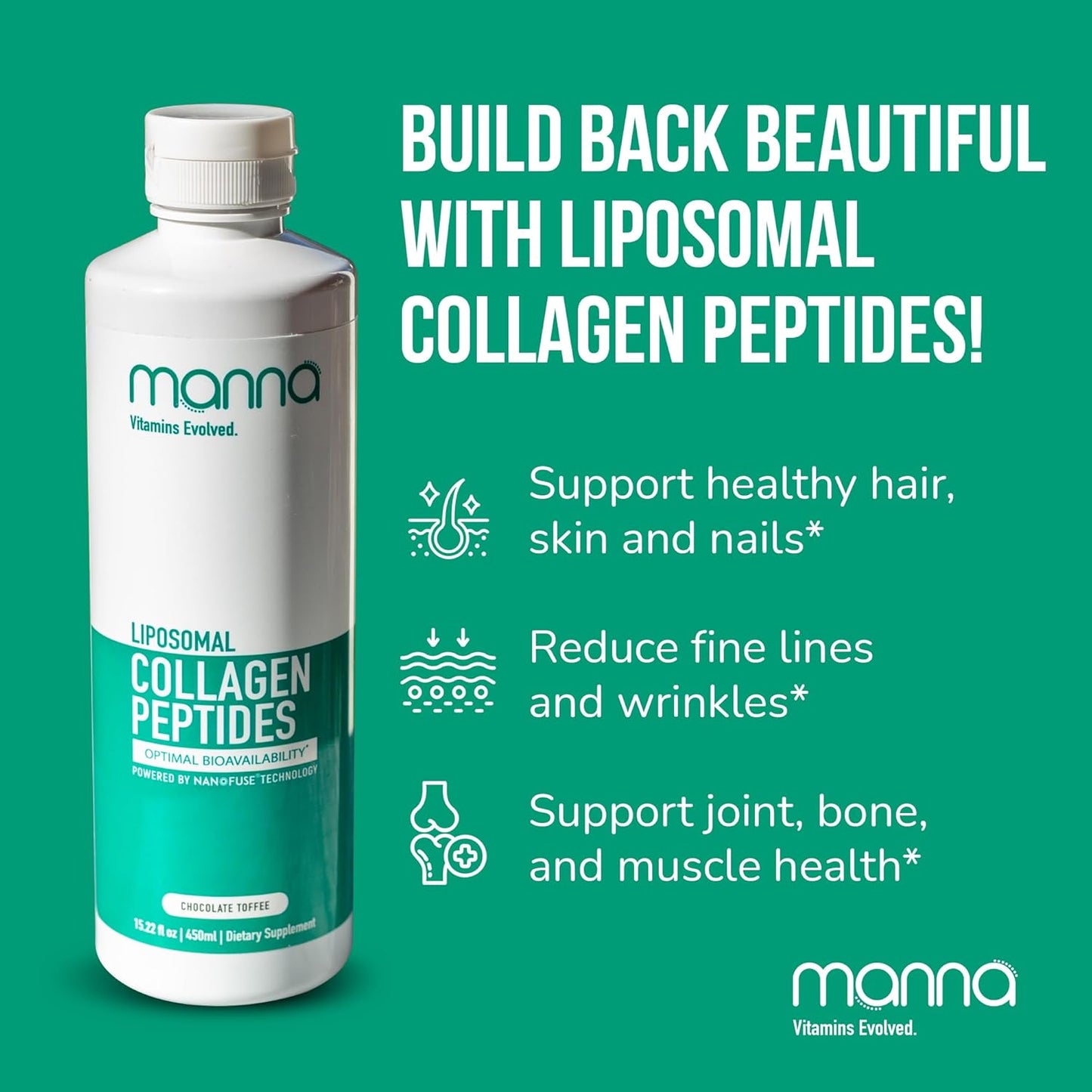 Manna Vitamins Evolved Liposomal Collagen Peptides Liquid, 5000mg High Absorption Grass-Fed Type I, III Collagen for Skin, Hair, Nails, Joints – Hydrolyzed Collagen Supplement, Non-GMO, 16oz (Unisex)