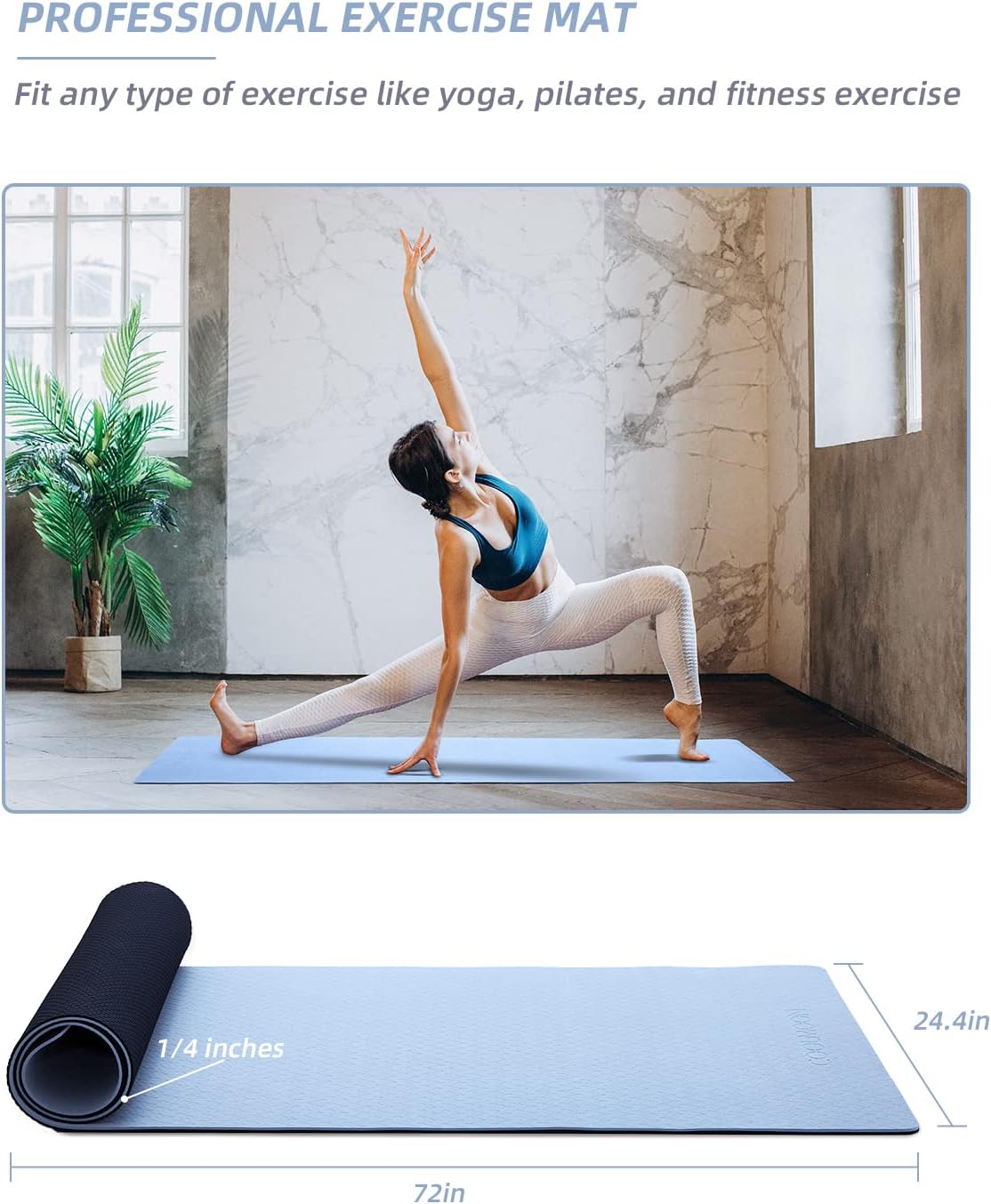 COOLMOON Yoga Mat Non Slip, Anti-Tear 1/4 Thick TPE Yoga Mats for Women and Men, 72"x24" Exercise & Fitness Mat with Carrying Strap, Workout Mats for Yoga, Pilates and Floor Exercise