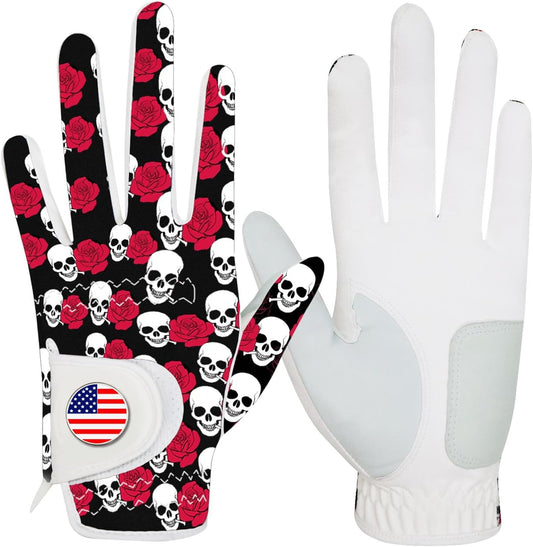 FINGER TEN Golf Gloves Men Left Hand Right with Ball Marker USA Flag Blue Camo Plaid Pack, Mens Leather Golf Glove All Weather Grip Small Medium ML Large XL