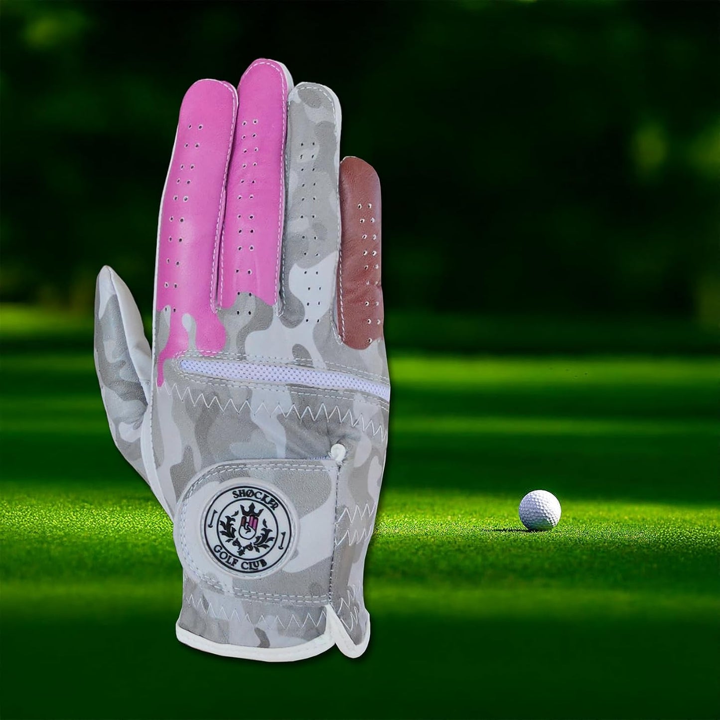 Shocker Camo Golf Glove Men's - Premium Cabretta100% Leather, Durable Grip, White and Camo, Adult Men's Golf Gloves, Funny Gag Gift, Left & Right Handed, Small to XXL Sizes